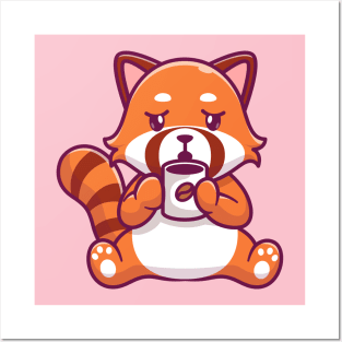 Cute Red Panda Drinking Coffee Cartoon Posters and Art